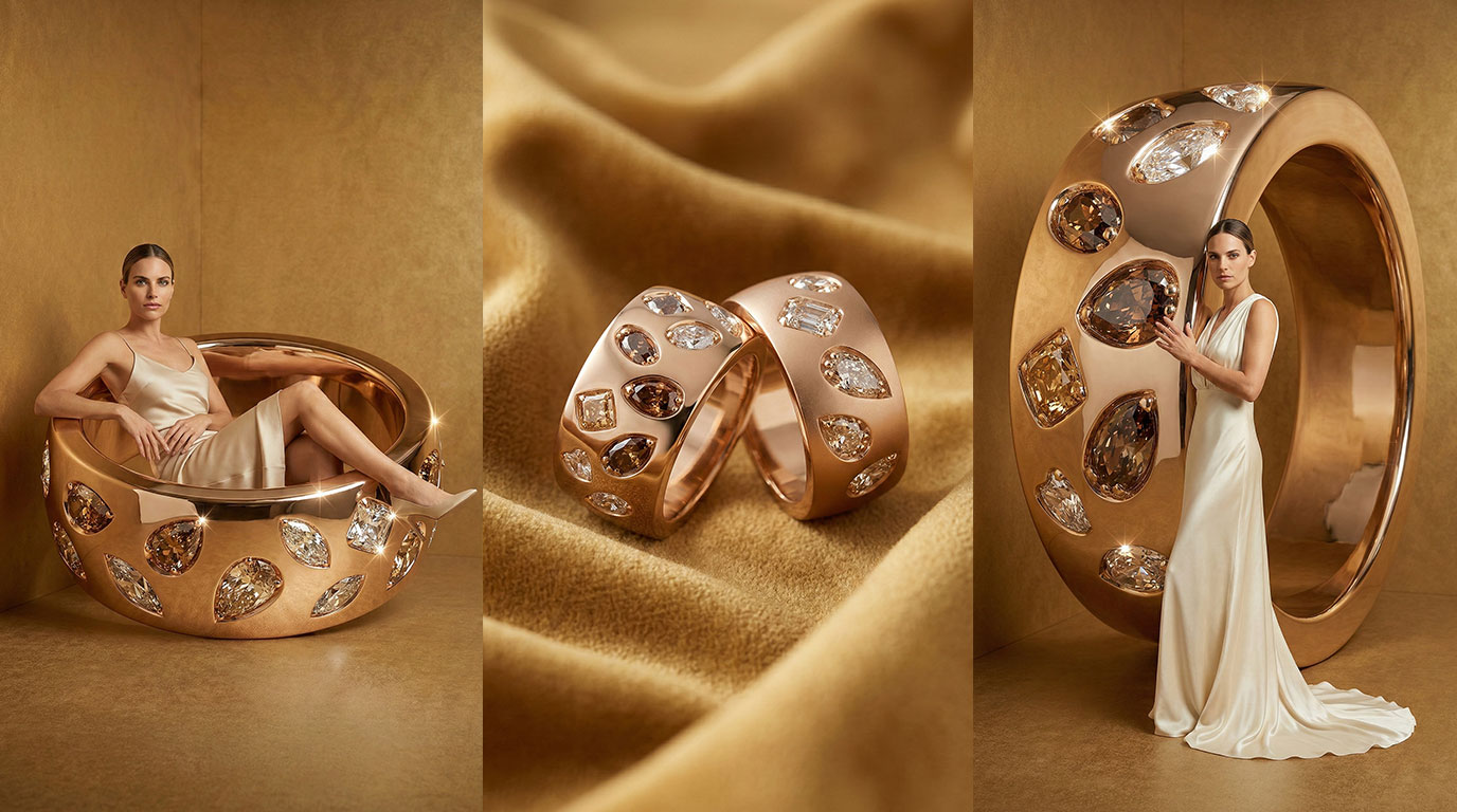 Santi Pàmies ring, recreated in AI imagery on a soft editorial set
