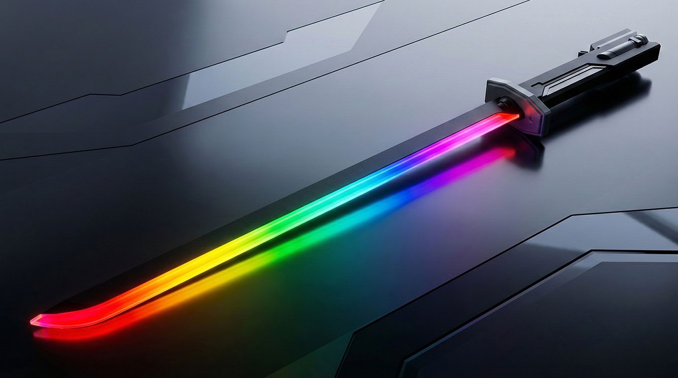 Sparkblade product detail with the blade carrying a full rainbow gradient